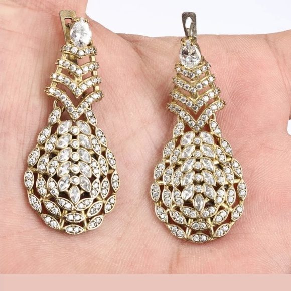 White Topaz silver, bronze & gold Chevron earrings